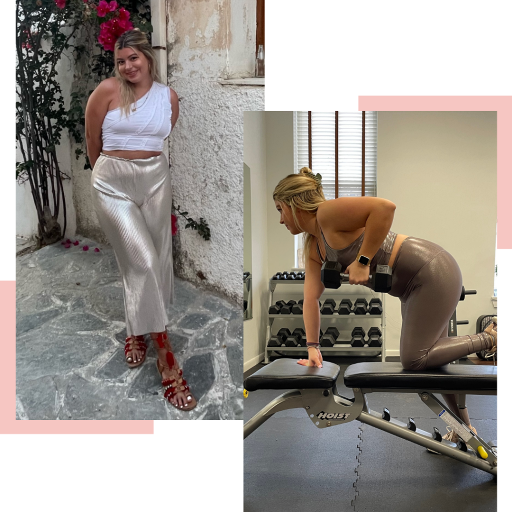 Two pictures showcasing the success story of a woman lifting weights in a fitness studio.